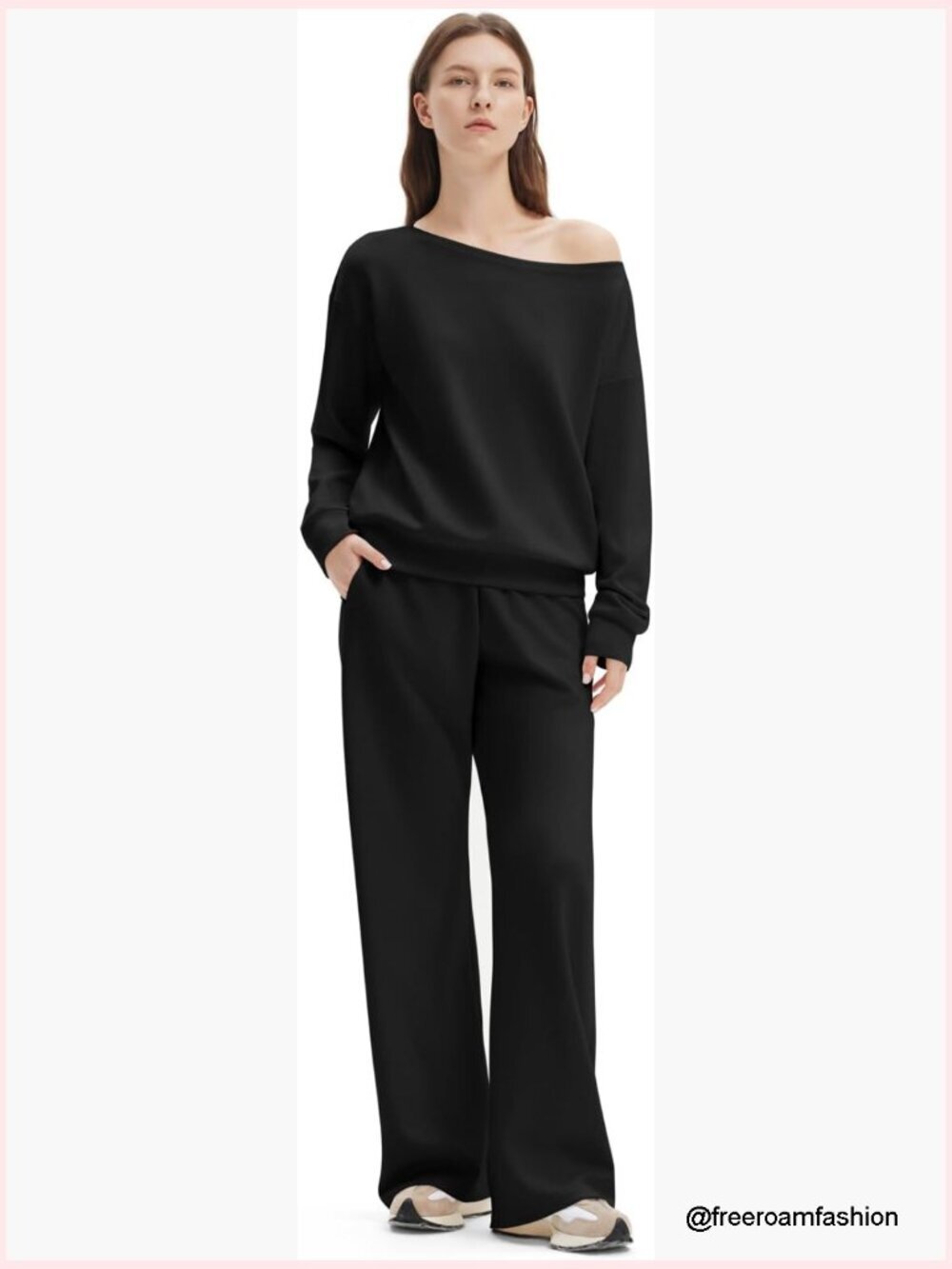 Off Shoulder Lounge Set - Sweatshirt and Wide Leg Pants